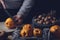 Still life of Man with black apron cutting a quince. Gastronomy concept