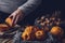 Still life of Man with black apron cutting a quince. Gastronomy concept