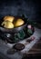 Still life with melchior bowl, apples and vintage cutlery