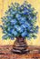 Still life oil painting. Bouquet of blue flowers in a vase