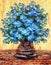 Still life oil painting. Bouquet of blue flowers in a vase