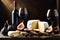 A still-life oil painting-style depiction of an array of gourmet cheeses, figs, and a crusty baguette