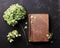 Still life with old book and dried flowers hydrangea on black vintage table top view. Flat lay styling.