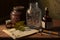 Still life with old books, quill pen and a bottle of medicine