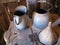 Still life with old white enamel kitchen ware