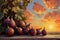 Still Life Painting of Apples on a Wooden Table, A surrealistic interpretation of ripe figs fused with a vibrant sunset, AI