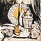 Still life painting drawing of stylized bottles and other objects