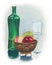 Still life painting with fruit bowl wine glass and green bottle