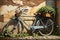 Still Life Painting of a Vintage Bicycle Against an Old Brick Wall, Ivy Vines Creeping up the Sides