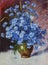 Still life in pastel painting cornflowers in a vase. Paper, soft pastel, 63 x 47 cm. Based on the wonderful painting by I. Levitan