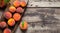 Still life peaches on wooden table cutting board. Dark mood. Juicy ripe peaches on dark wooden rustic table. Delicious farm