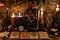 Still life with pentagram book, burning candle, crystal gemstone and tarot cards on witch table