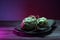Still life photo of artichokes food photography style with colored lights. cover image