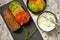 Still life photography with rainbow tomato sandwich and cheese as a healthy snack