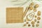 Still life of picture jasper semi-precious items with bamboo mat