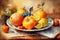 Still life, a plate of fruit on a table, a painting painted in watercolor on textured paper. Digital watercolor painting