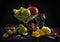 Still life with pomegranate, lemon, glass of wine, pear, walnut. Dark shadows, fruits in the style of Dutch artists