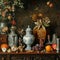 Still life with pumpkins, apples, garlic, dried flowers and candles