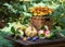 Still life with pumpkins, flowers, freshly picked apples and plums on a wooden garden table.