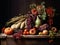 Still life of pumpkins, grapes, corn, herbs, autumn flowers, squashes on wooden table dark moody background