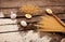 Still life with raw homemade pasta and ingredients