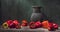 Still life with red bell paprika and a large antique jug on the background of a cracked wall. Art photography.