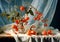 Still life with red and ripe persimmons in front of a white curtain. AI generative