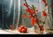 Still life with red and ripe persimmons in front of a white curtain. AI generative