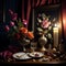 Still life with roses in a vase, candles and antique tableware. ai generated