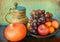 Still life: seasonal fruits and hokkaido pumpkin and a mug