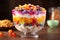 Still life showcasing glasses adorned with generous serving of warm oatmeal, dollop of creamy yogurt, and colorful medley