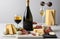 still life, with a sleek and elegant display of various cheeses, charcuterie, and a bottle of sparkling champagne