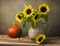 Still life with sunflower bouquet and pumpkin