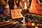 Still life with tarot card Devil, witch book, crystal ball, candle and herbs on wooden table