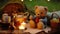 still, life with a teddy bear enjoying a picnic tea party with miniature teacups and pastries, AI-Generated