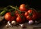 Still life tomatoes and garlic. Fresh tomatoes on a branch and garlic, soft focus