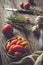 Still life of tomatoes and herbs. Heirloom tomatoes