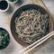 Still life with top view of traditional japanese soba noodles with nori edible seaweed and soy sauce