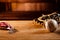 Still life of trophy, medals, vintage grunge baseball gloves