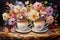 Still life with two cups of coffee on flowers background. Printable artwork, vintage oil painting, impasto