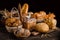 Still life of a variety of bread on a black background, bakery banner