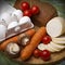 Still life from vegetables, eggs and bread