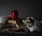 Still life, vintage. red pepper, mill, and a towel on wooden table.