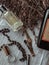 Still life with vintage things. old perfume, watch, necklace. retro picture.