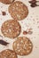 Still life with Wholegrain Round Healthy Biscuits. Fitness and Diet Biscuits. Top View. Vertical Image.