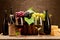 Still life with wine bottles, glasses and grapes