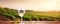 Still life with wine glass on wooden table over background of panoramic view of lush vineyards at sunset