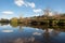 Still river trees sky reflection