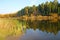 In the still surface of the water of the amazing lake, trees and the sky are reflected.