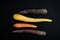 Stilllife with four carrots - different kinds of carrots against a black background